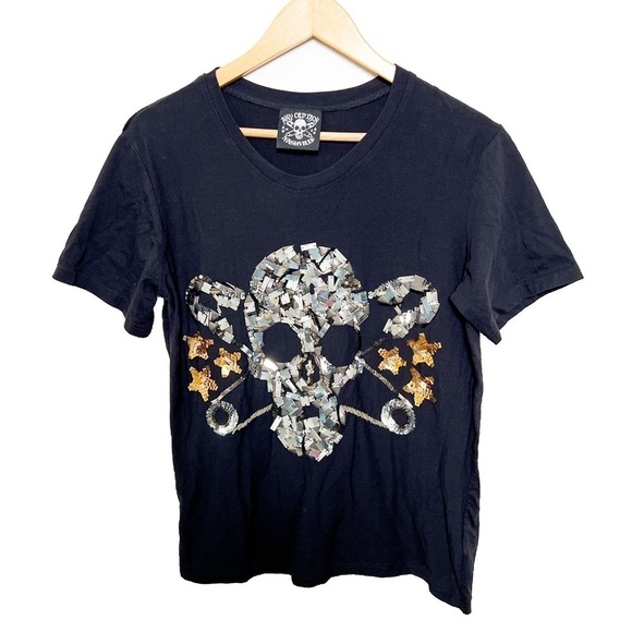 Any Old Iron Free People black sequin skull embellished t shirt tee size medium - Picture 1 of 10
